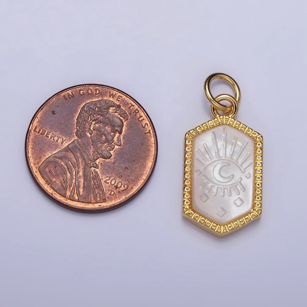 14K Gold Filled Crescent Moon Evil Eye Mother of Pearl Long Hexagonal Charm in Gold & Silver | AC972 AC1023