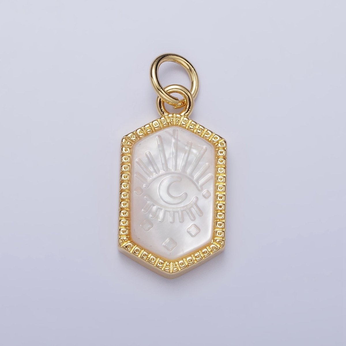 14K Gold Filled Crescent Moon Evil Eye Mother of Pearl Long Hexagonal Charm in Gold & Silver | AC972 AC1023