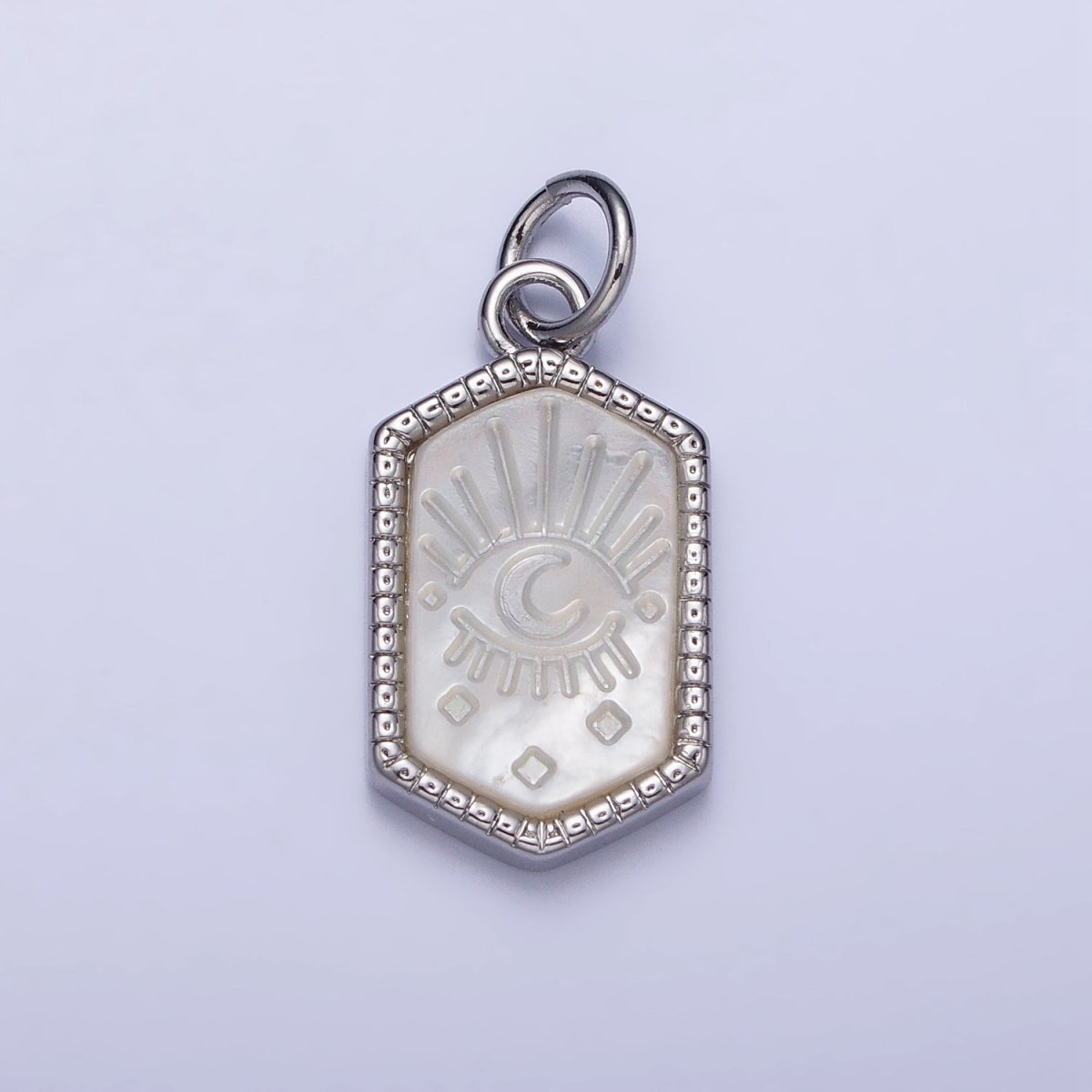 14K Gold Filled Crescent Moon Evil Eye Mother of Pearl Long Hexagonal Charm in Gold & Silver | AC972 AC1023