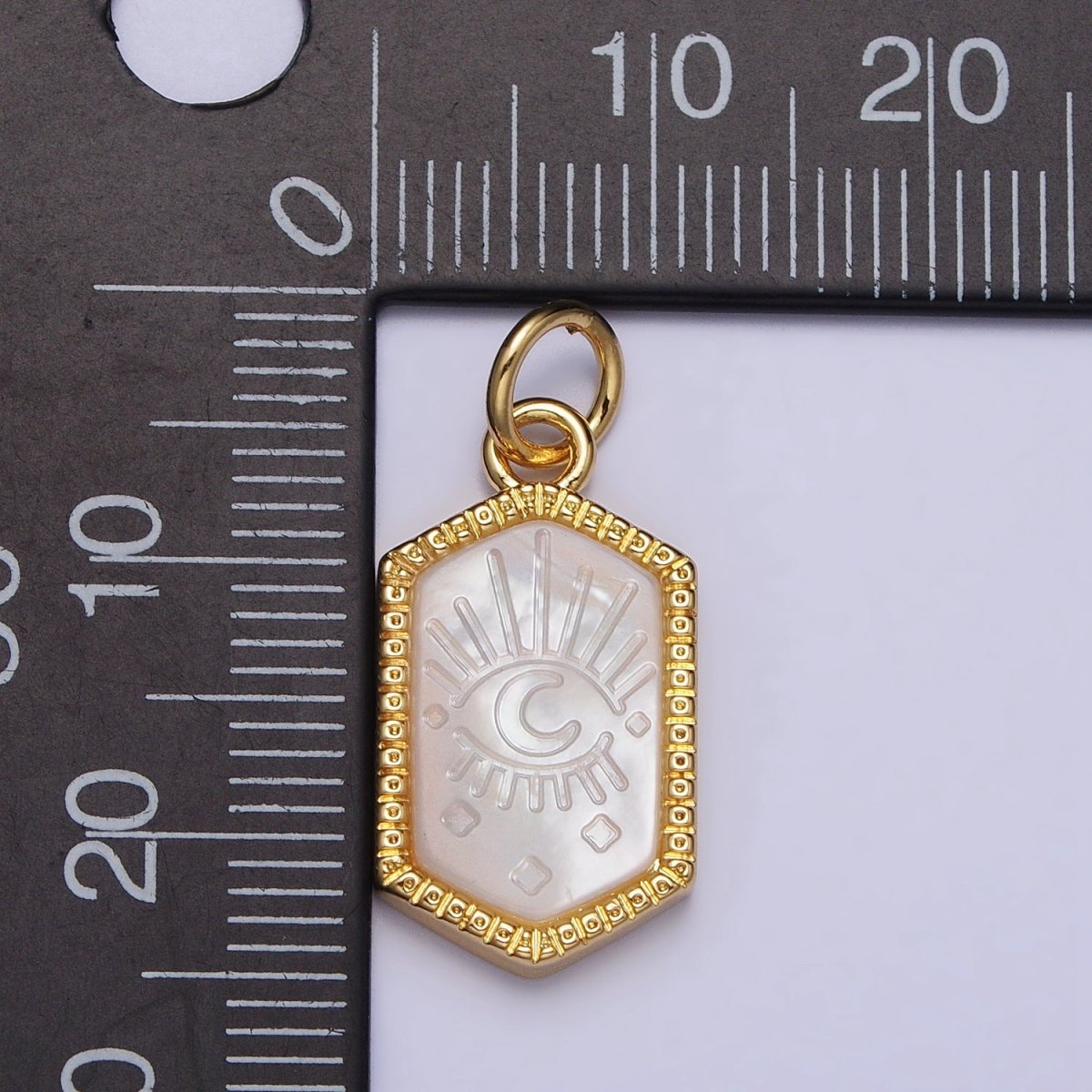 14K Gold Filled Crescent Moon Evil Eye Mother of Pearl Long Hexagonal Charm in Gold & Silver | AC972 AC1023