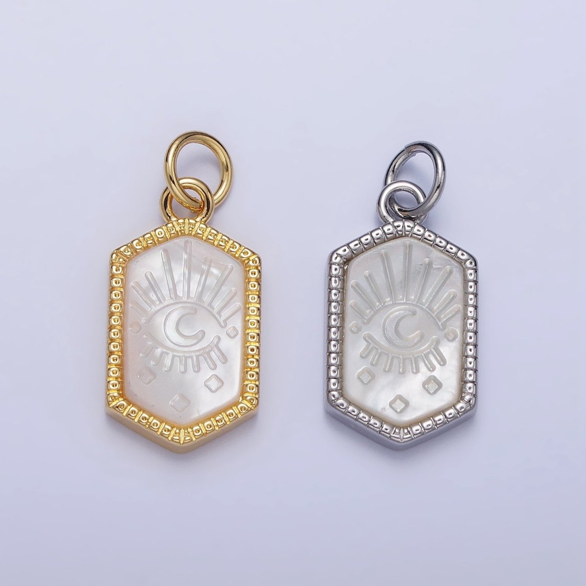 14K Gold Filled Crescent Moon Evil Eye Mother of Pearl Long Hexagonal Charm in Gold & Silver | AC972 AC1023