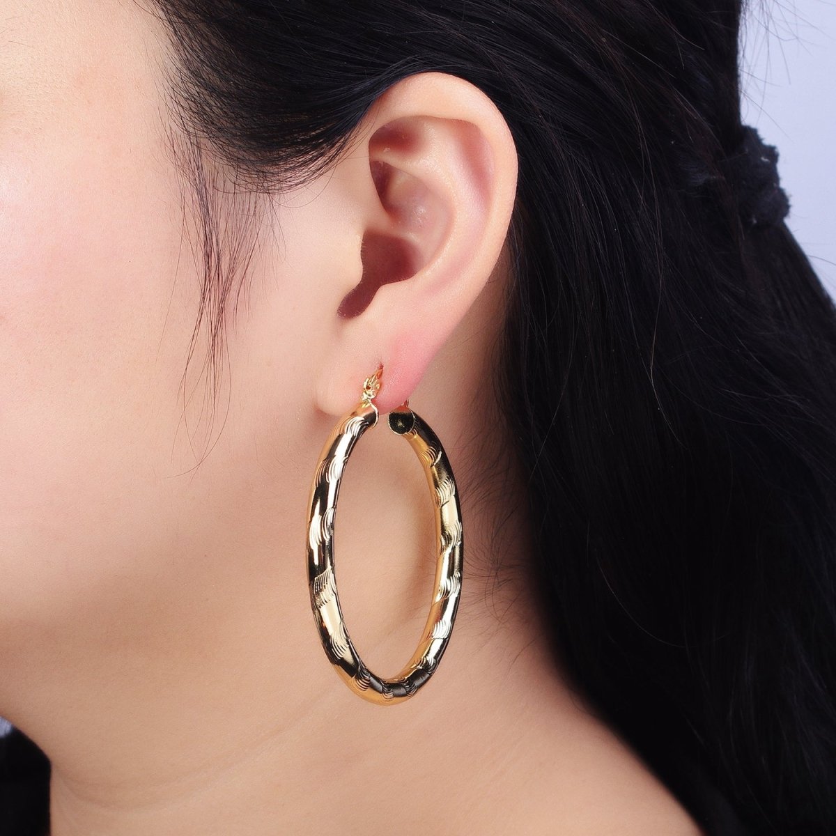14K Gold Filled Curved Line-Textured 55mm, 45mm, 40mm French Lock Latch Hoop Earrings | AE043 - AE045