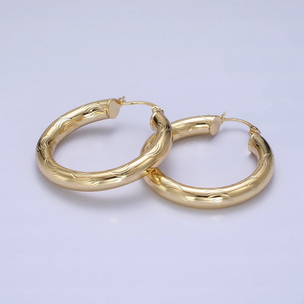 14K Gold Filled Curved Line-Textured 55mm, 45mm, 40mm French Lock Latch Hoop Earrings | AE043 - AE045