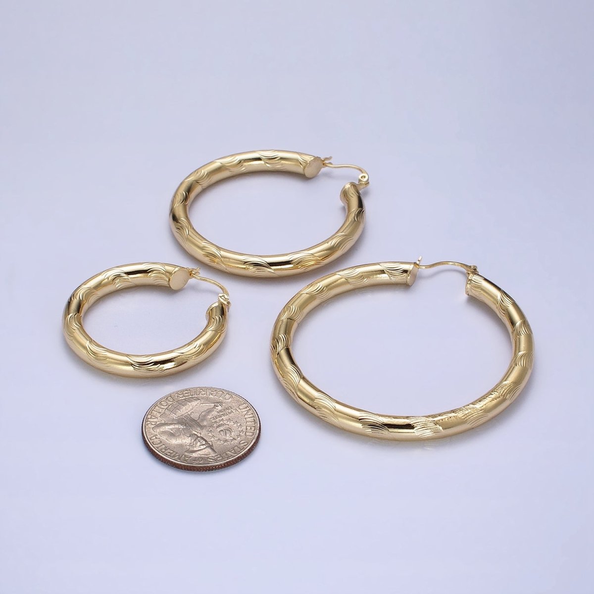 14K Gold Filled Curved Line-Textured 55mm, 45mm, 40mm French Lock Latch Hoop Earrings | AE043 - AE045