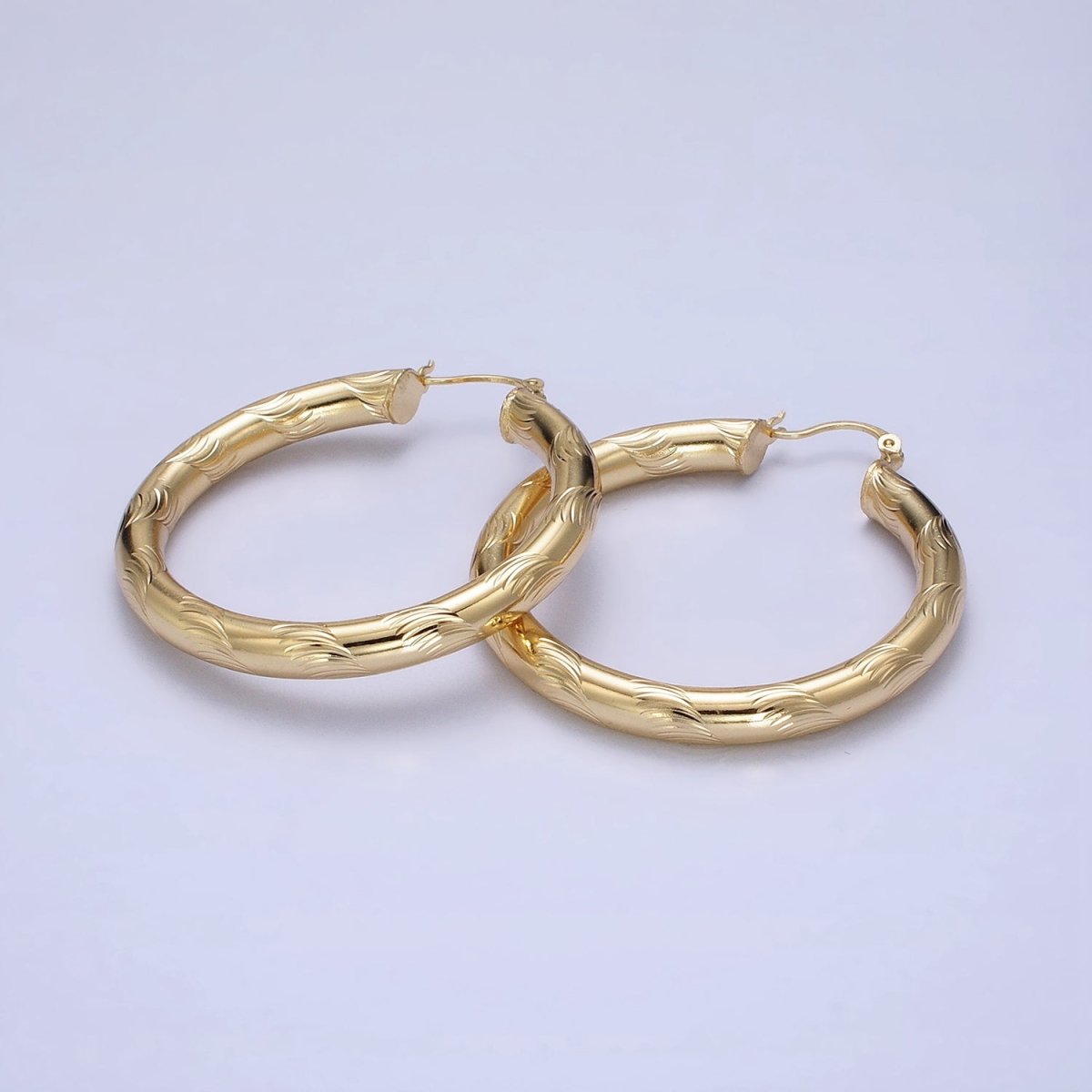 14K Gold Filled Curved Line-Textured 55mm, 45mm, 40mm French Lock Latch Hoop Earrings | AE043 - AE045