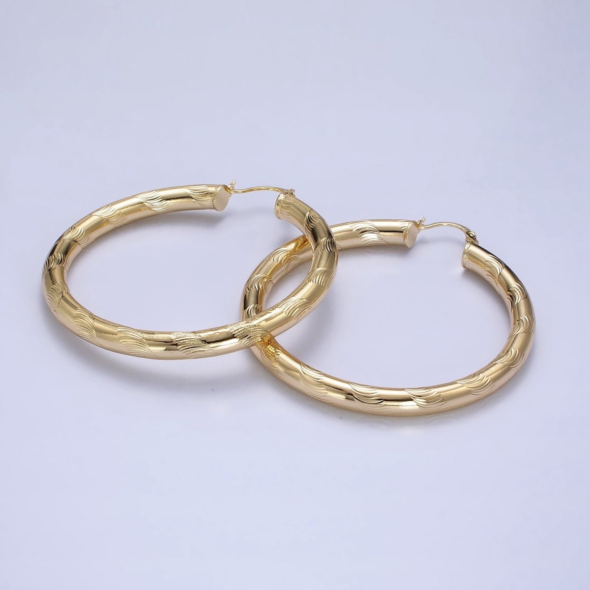 14K Gold Filled Curved Line-Textured 55mm, 45mm, 40mm French Lock Latch Hoop Earrings | AE043 - AE045