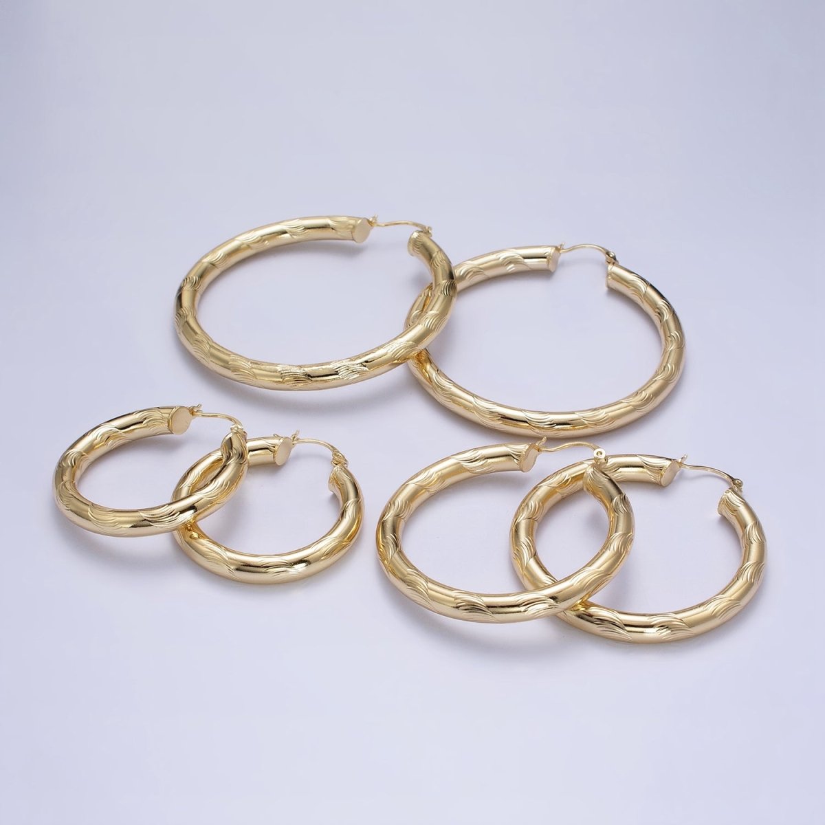 14K Gold Filled Curved Line-Textured 55mm, 45mm, 40mm French Lock Latch Hoop Earrings | AE043 - AE045