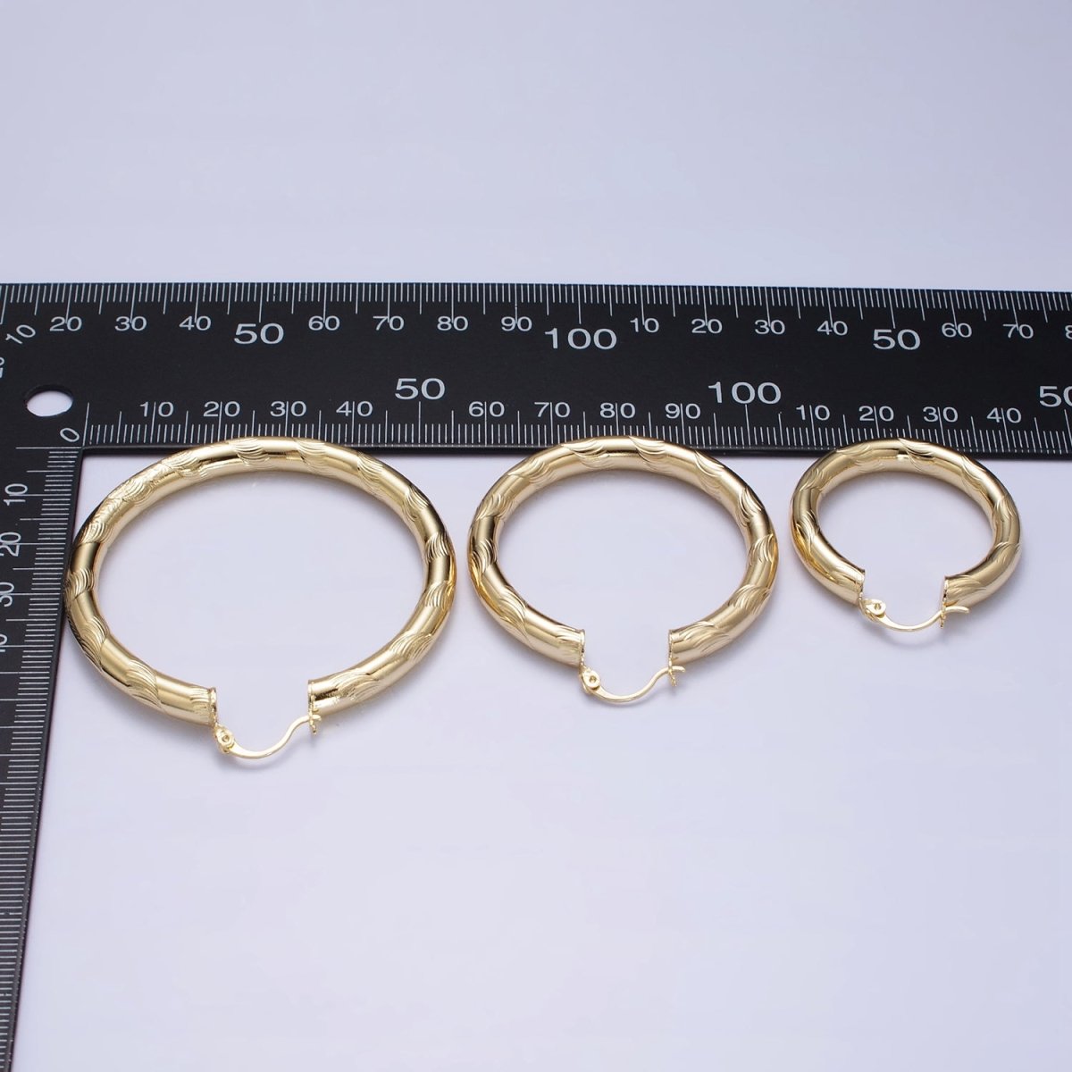 14K Gold Filled Curved Line-Textured 55mm, 45mm, 40mm French Lock Latch Hoop Earrings | AE043 - AE045