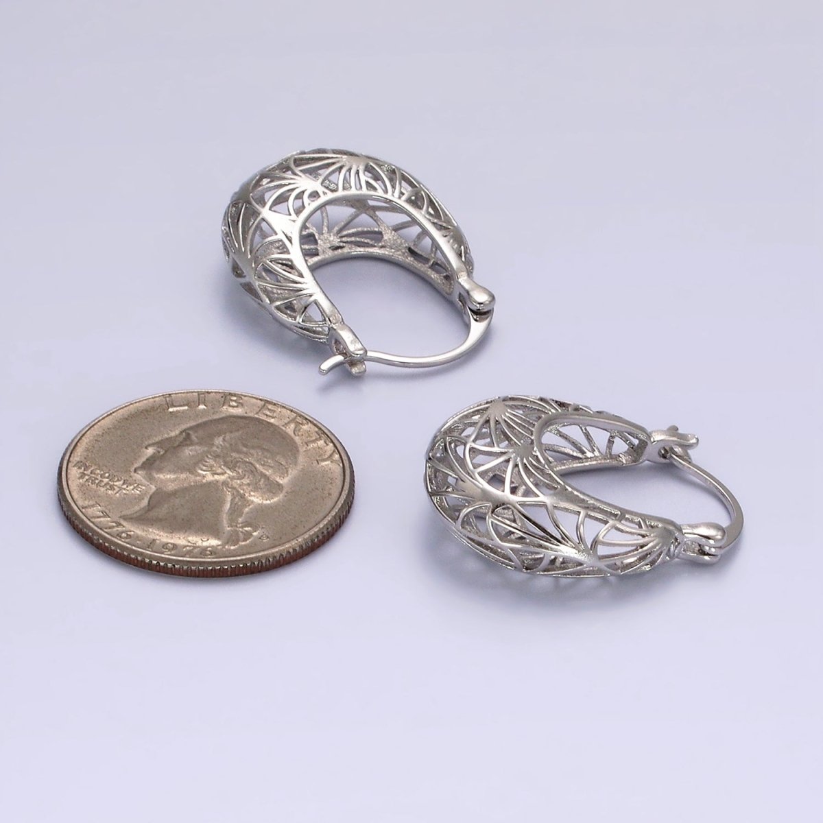 14K Gold Filled Curved Sunburst Filigree Open Dome French Lock Latch Hoop Earrings | AE219 AE212