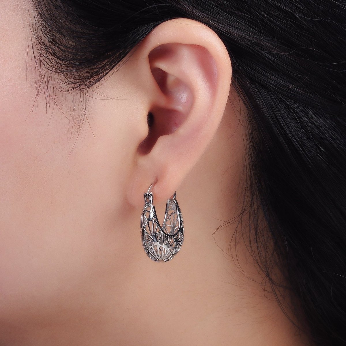 14K Gold Filled Curved Sunburst Filigree Open Dome French Lock Latch Hoop Earrings | AE219 AE212