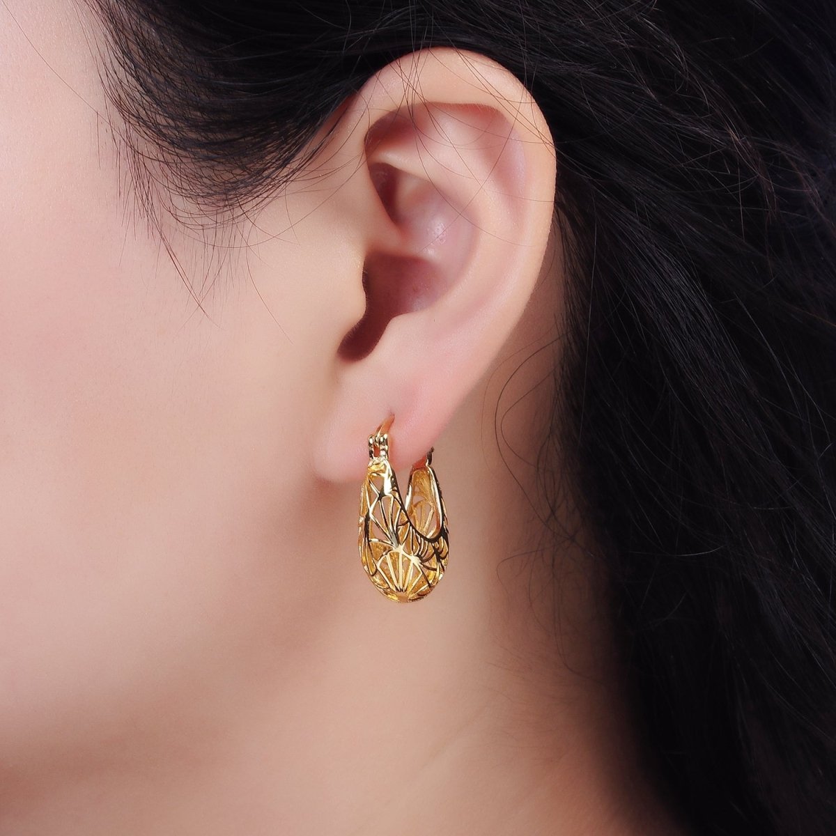 14K Gold Filled Curved Sunburst Filigree Open Dome French Lock Latch Hoop Earrings | AE219 AE212