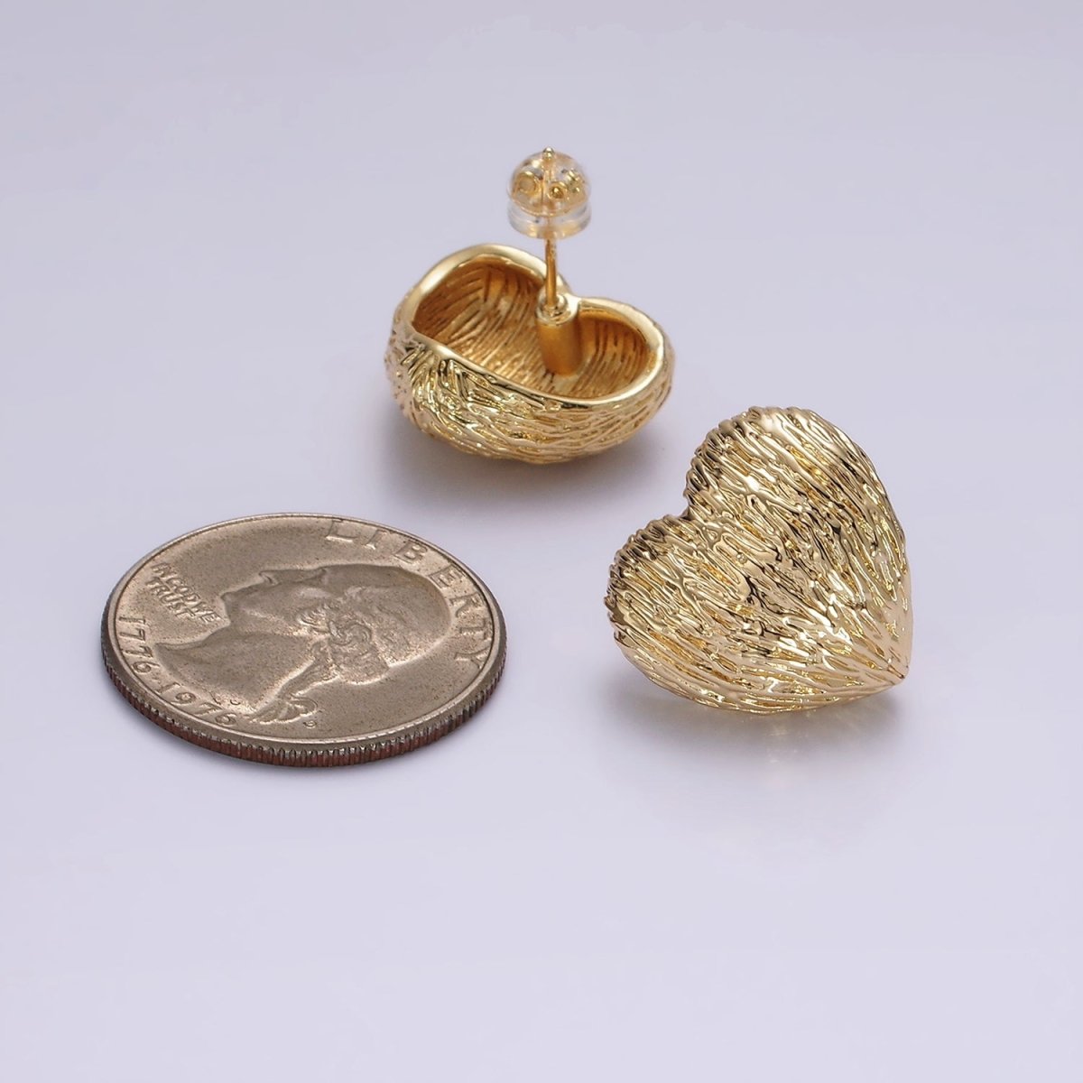 14K Gold Filled Curved Textured Heart Dome Stud Earrings in Gold & Silver | V479 V480