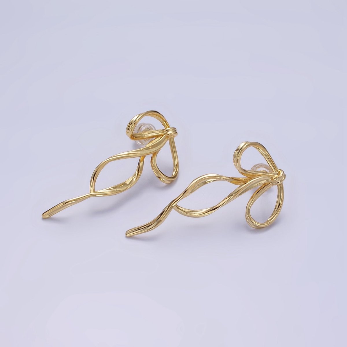 14K Gold Filled Curved Tied Ribbon Bow Stud Earrings in Gold & Silver | Q170 Q171