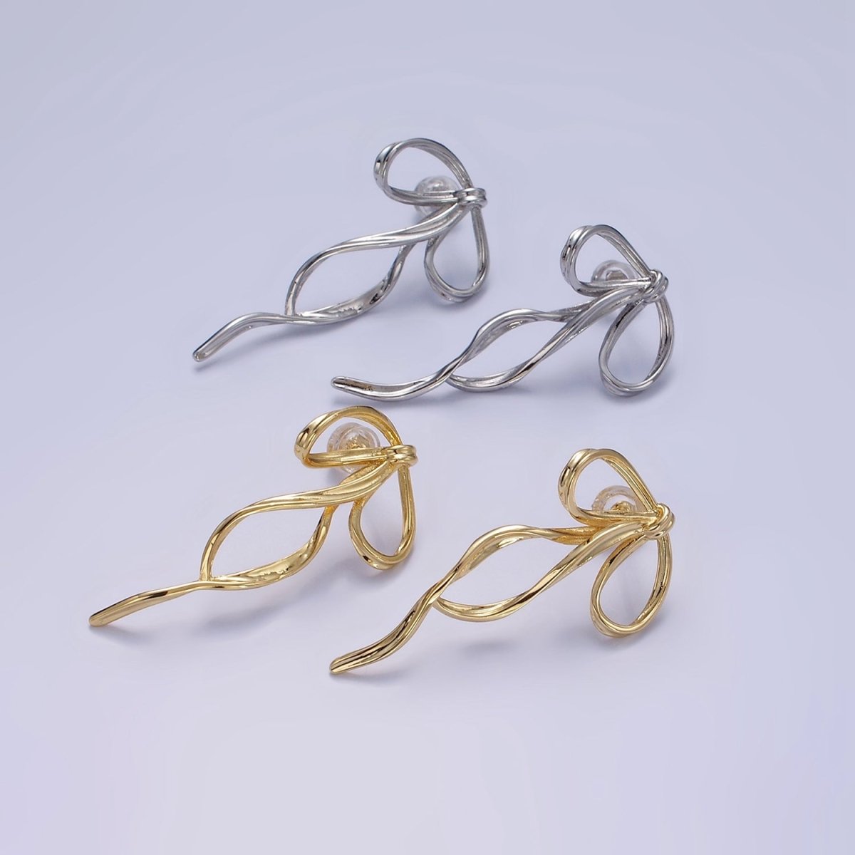 14K Gold Filled Curved Tied Ribbon Bow Stud Earrings in Gold & Silver | Q170 Q171