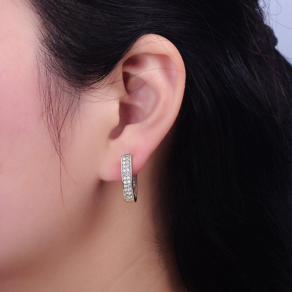 14K Gold Filled Curved U-Shaped Micro Paved CZ Front-Facing English Lock Earrings | AD1374 - DLUXCA