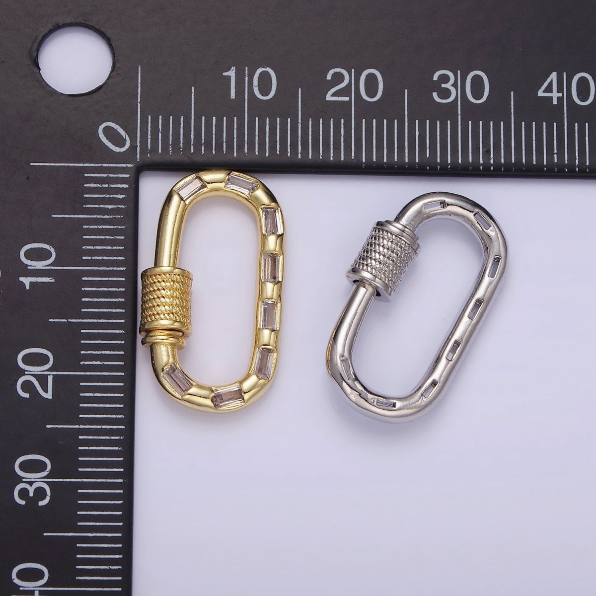14K Gold Filled CZ Baguette Lined Oblong Carabiner Lock Finding Supply in Gold & Silver | Z450