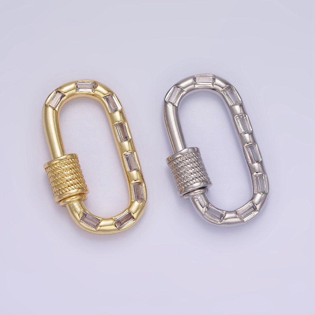 14K Gold Filled CZ Baguette Lined Oblong Carabiner Lock Finding Supply in Gold & Silver | Z450
