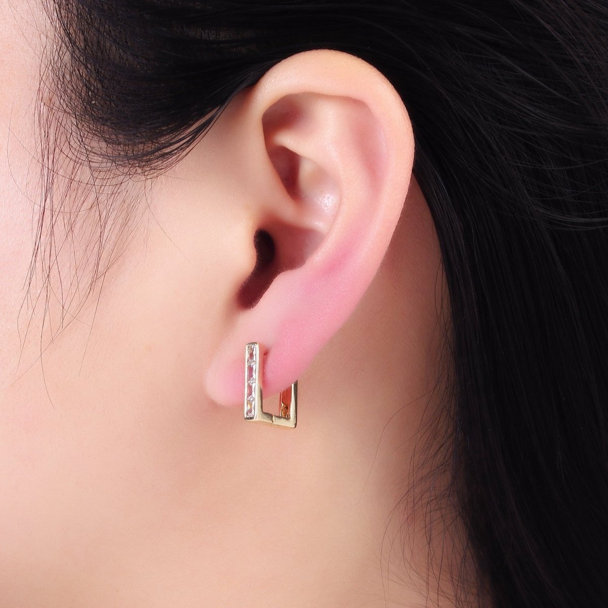 14K Gold Filled CZ Baguette Lined Rectangle 14mm Cartilage Earrings | AB1322 - DLUXCA