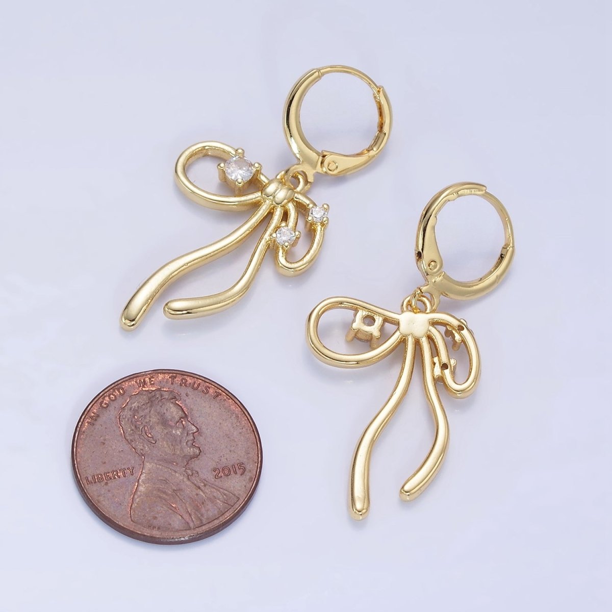 14K Gold Filled CZ Coquette Ribbon Tied Bow Drop Huggie Earrings | P044 - DLUXCA