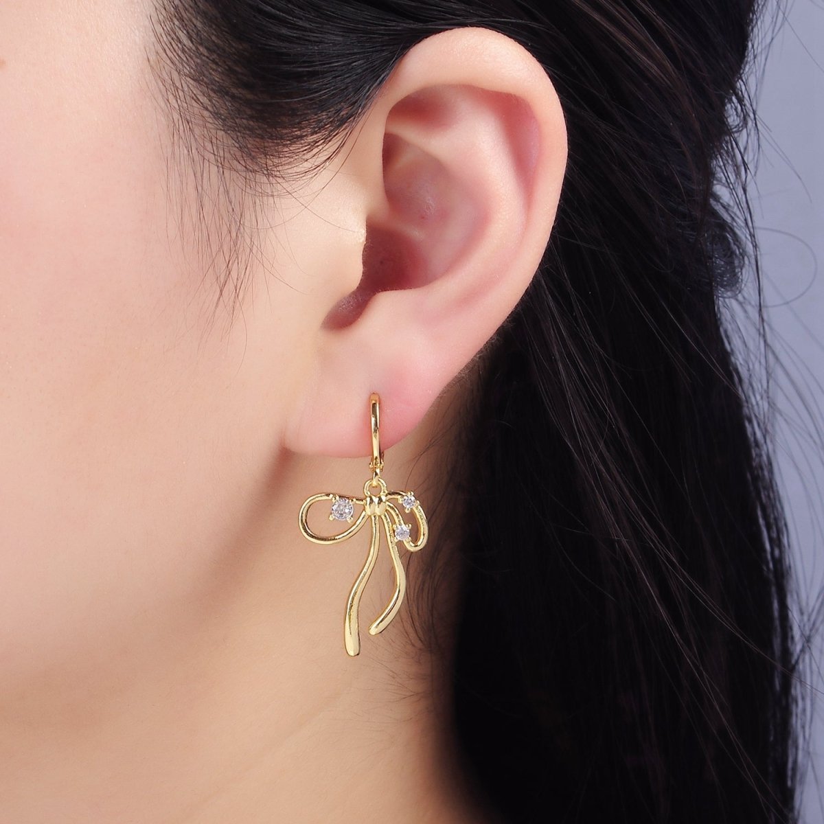 14K Gold Filled CZ Coquette Ribbon Tied Bow Drop Huggie Earrings | P044 - DLUXCA