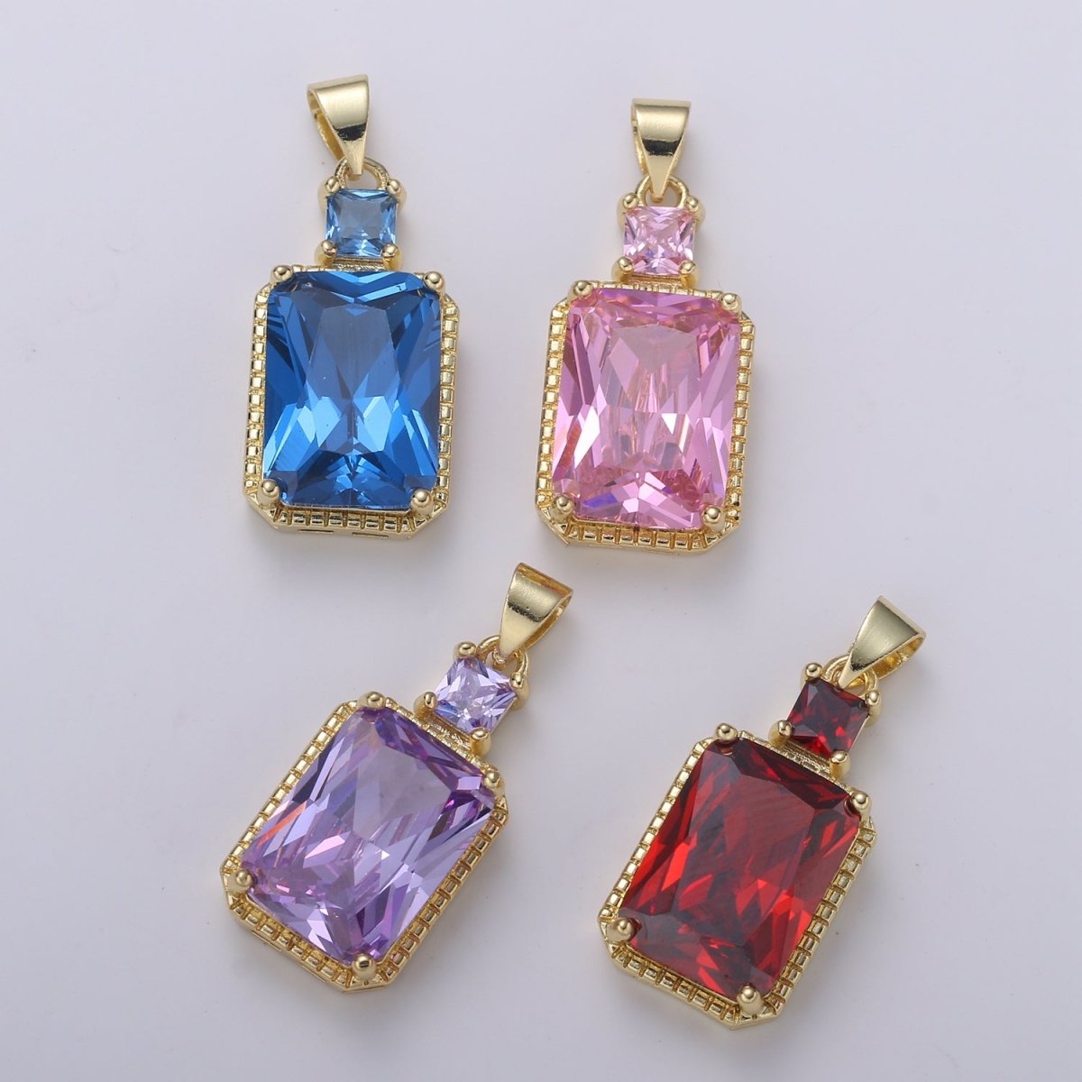 14k Gold Filled CZ Cubic Geometric Shape Pendant Blue Pink Lavender Red Emerald Cut Charm Necklace Earring Supply Component 28x12mm H-367 H-368 H-375 H-376