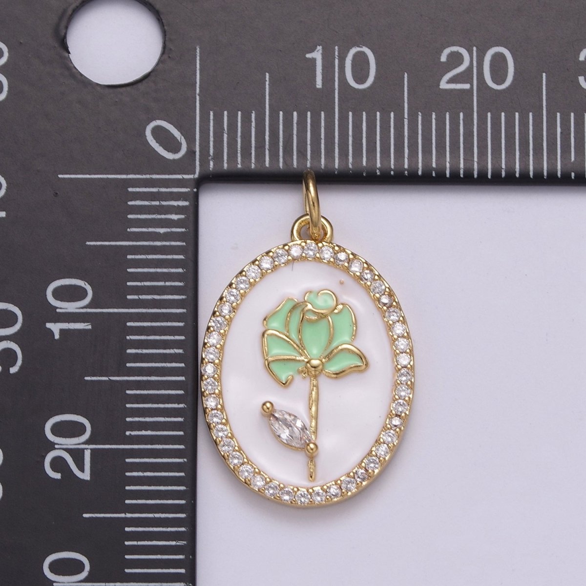 14k Gold Filled CZ Enamel Rose Flower Oval Pendant Dainty Floral Charm N-226 - N-229
