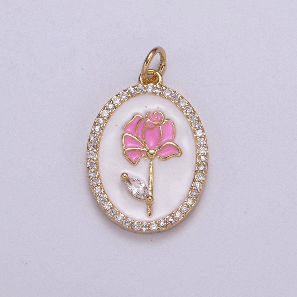 14k Gold Filled CZ Enamel Rose Flower Oval Pendant Dainty Floral Charm N-226 - N-229