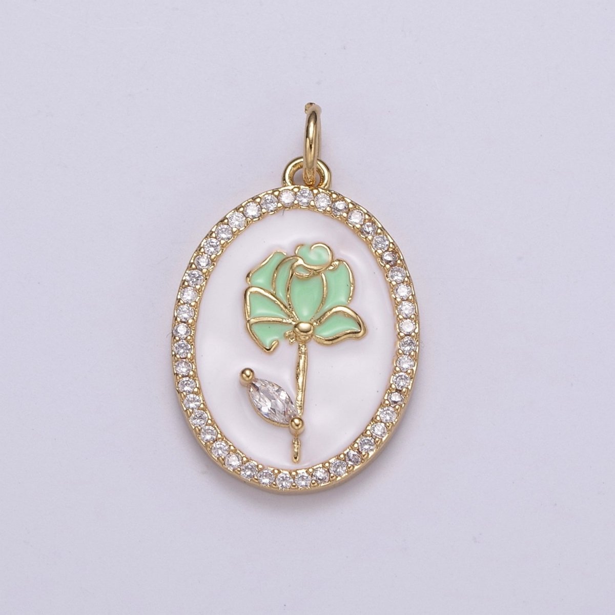 14k Gold Filled CZ Enamel Rose Flower Oval Pendant Dainty Floral Charm N-226 - N-229