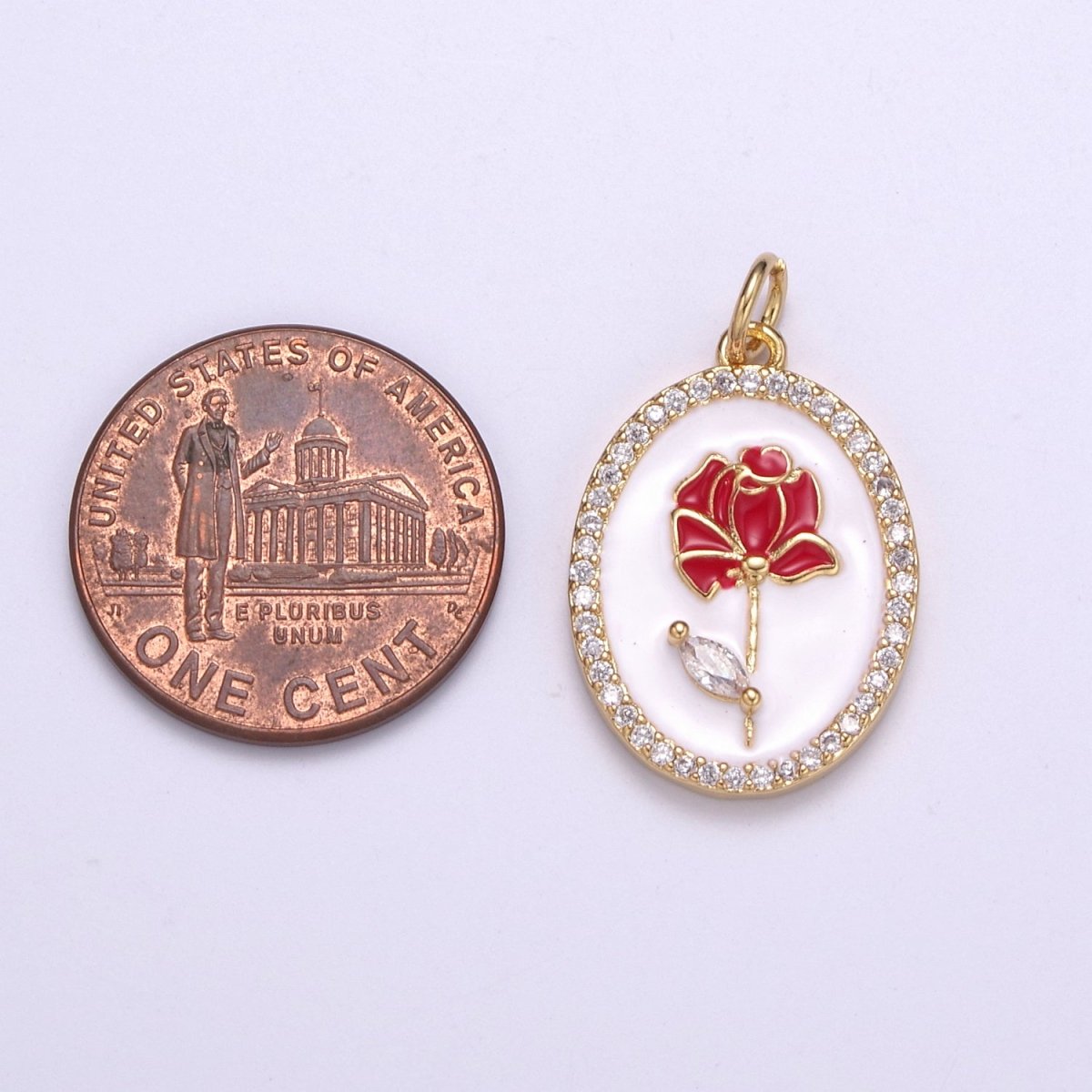 14k Gold Filled CZ Enamel Rose Flower Oval Pendant Dainty Floral Charm N-226 - N-229