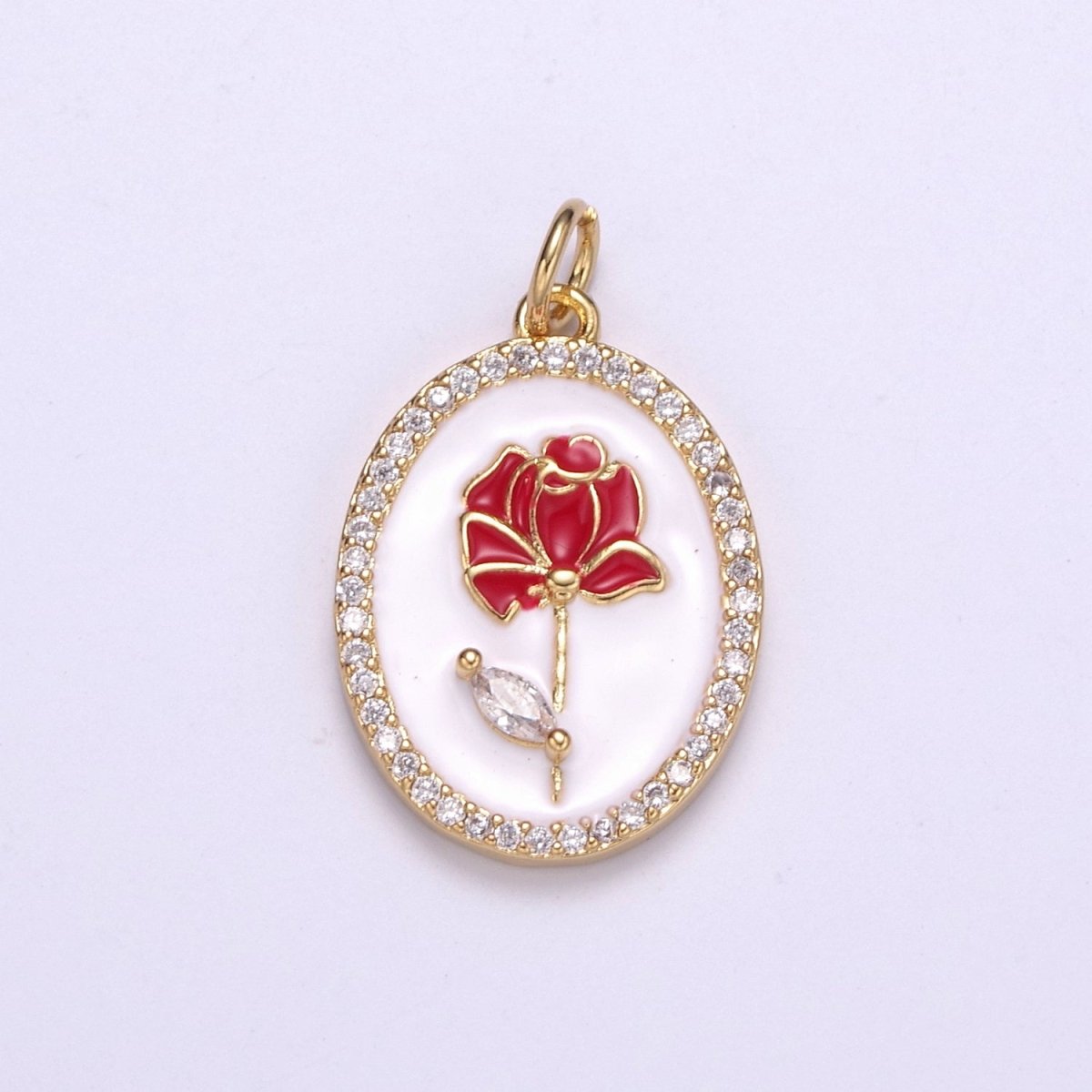 14k Gold Filled CZ Enamel Rose Flower Oval Pendant Dainty Floral Charm N-226 - N-229