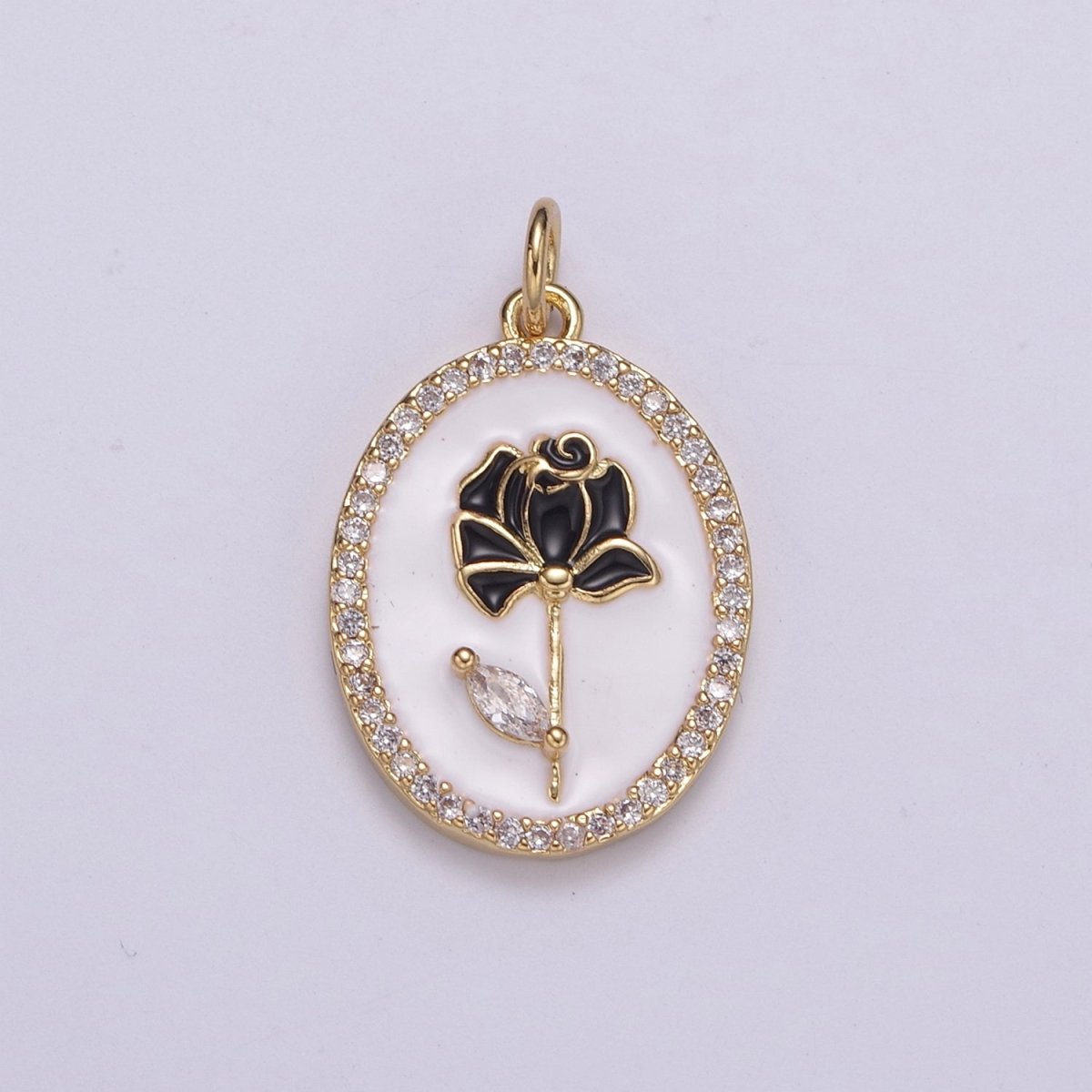 14k Gold Filled CZ Enamel Rose Flower Oval Pendant Dainty Floral Charm N-226 - N-229