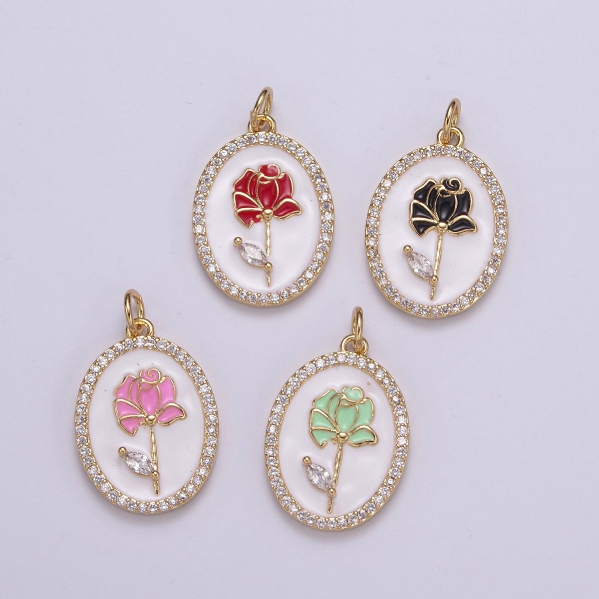 14k Gold Filled CZ Enamel Rose Flower Oval Pendant Dainty Floral Charm N-226 - N-229
