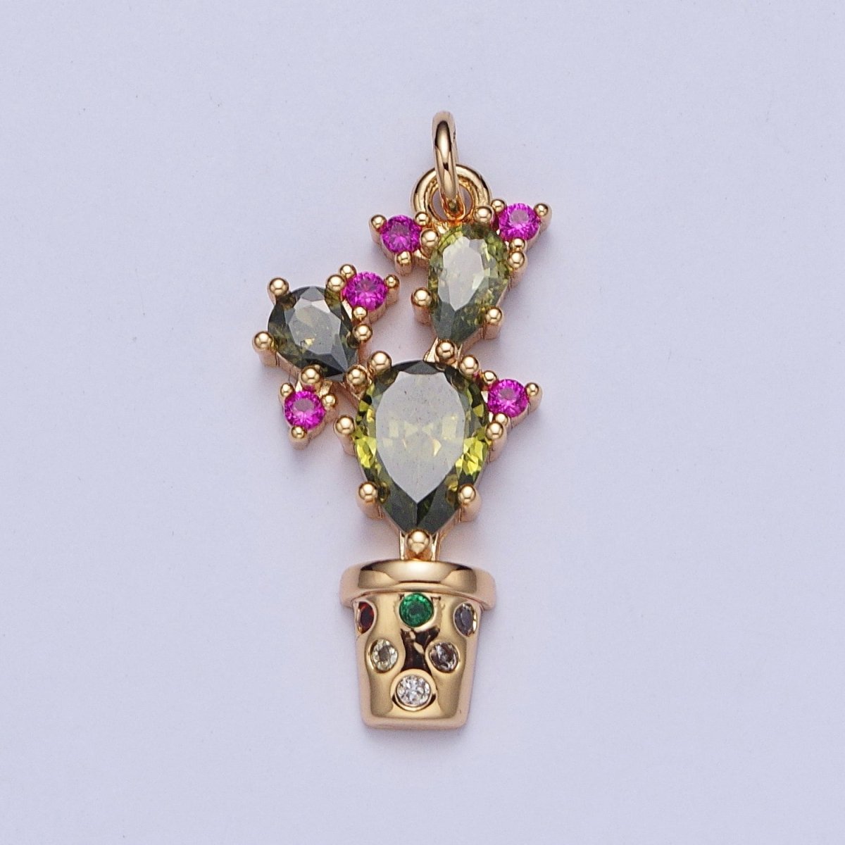 14K Gold Filled CZ Green Cactus Pink Flower Potted Plant Charm AG-091 - DLUXCA