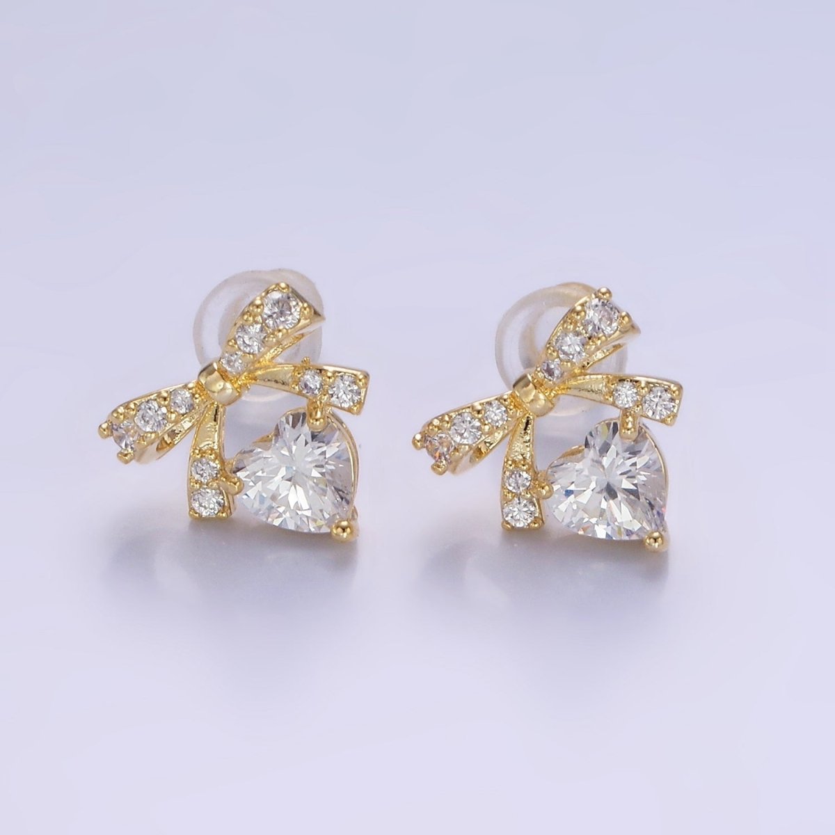 14K Gold Filled CZ Heart Ribbon Bow Stud Earrings in Gold & Silver | V500