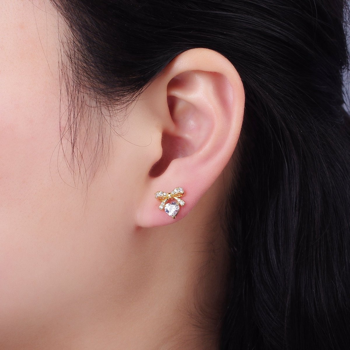 14K Gold Filled CZ Heart Ribbon Bow Stud Earrings in Gold & Silver | V500