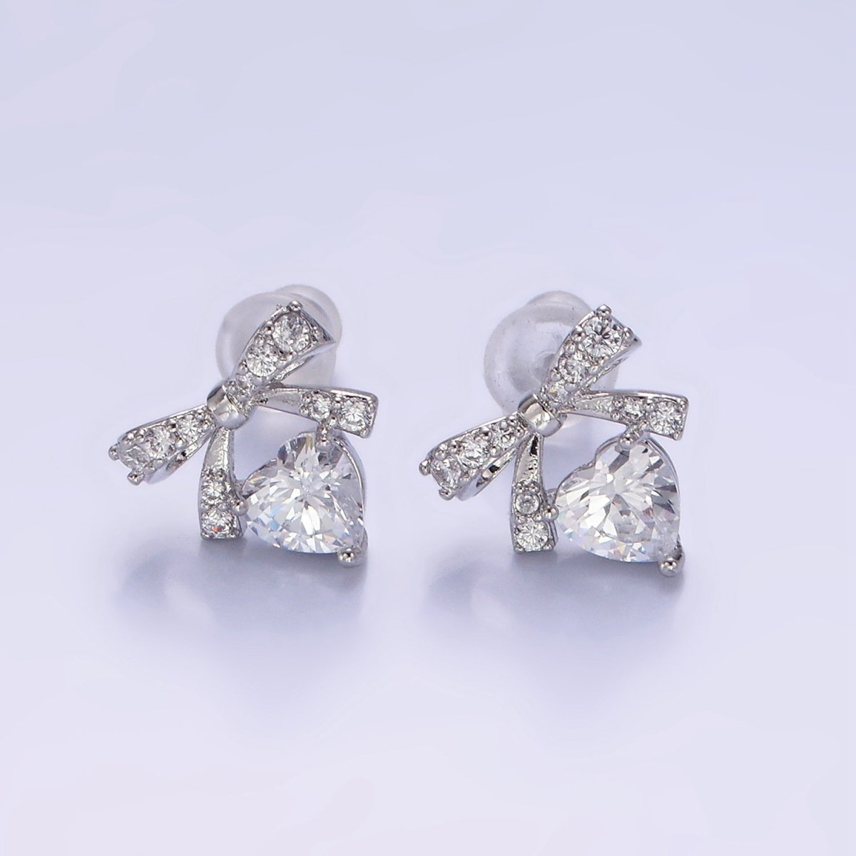 14K Gold Filled CZ Heart Ribbon Bow Stud Earrings in Gold & Silver | V500