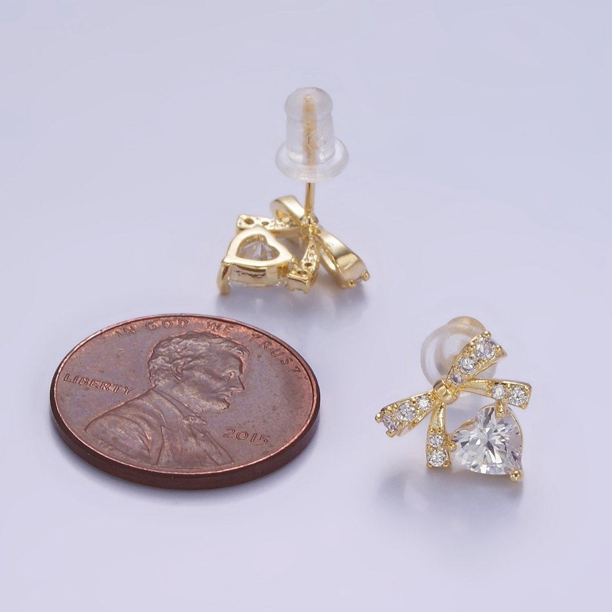 14K Gold Filled CZ Heart Ribbon Bow Stud Earrings in Gold & Silver | V500