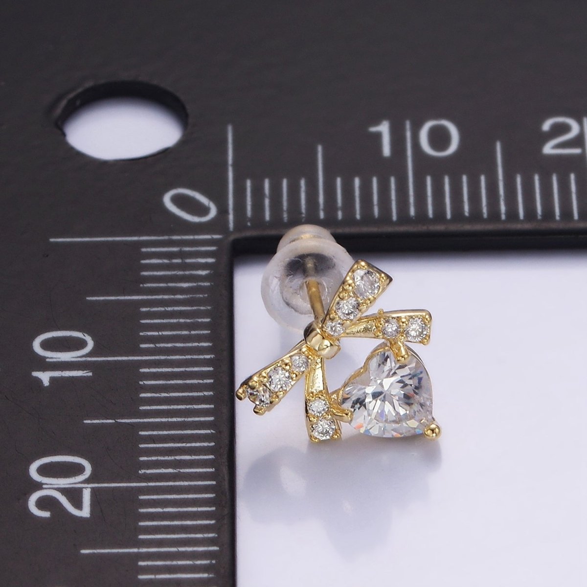 14K Gold Filled CZ Heart Ribbon Bow Stud Earrings in Gold & Silver | V500