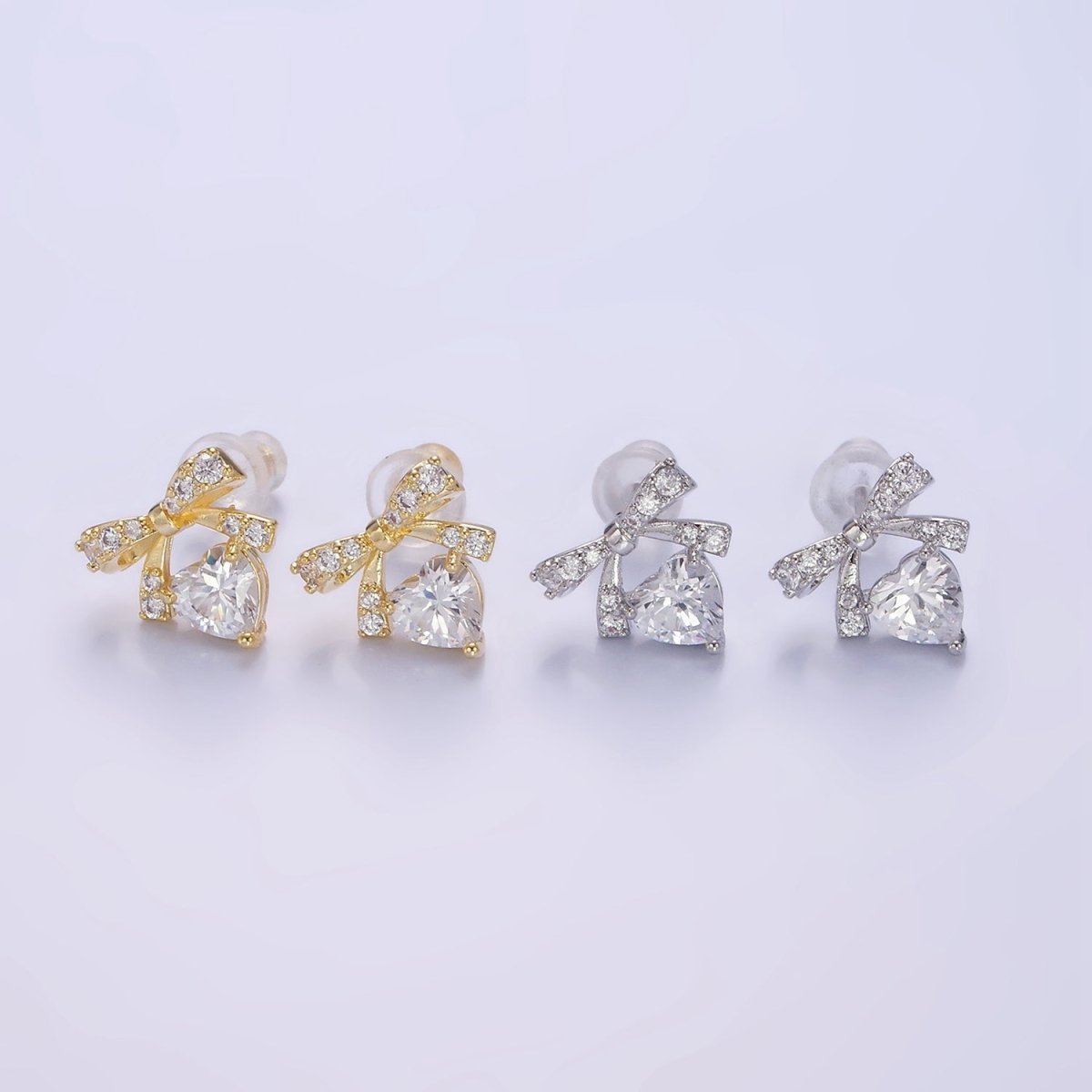 14K Gold Filled CZ Heart Ribbon Bow Stud Earrings in Gold & Silver | V500