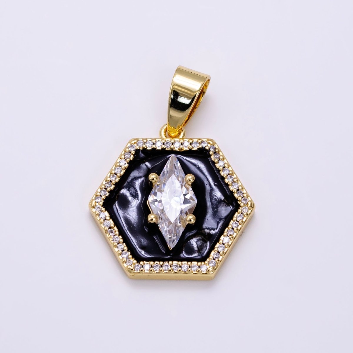 14K Gold Filled CZ Marquise Black Enamel Hexagon Pendant | AA1267 - DLUXCA