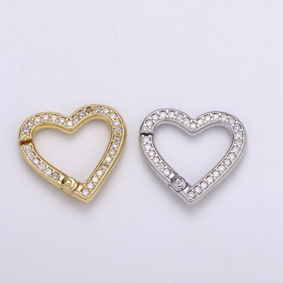 14k Gold Filled CZ Micro Pave Heart Carabiner Clasp with Easy Open Spring, Heart Spring Snap Clasp Silver for Link Connector Chain L-171 L-172