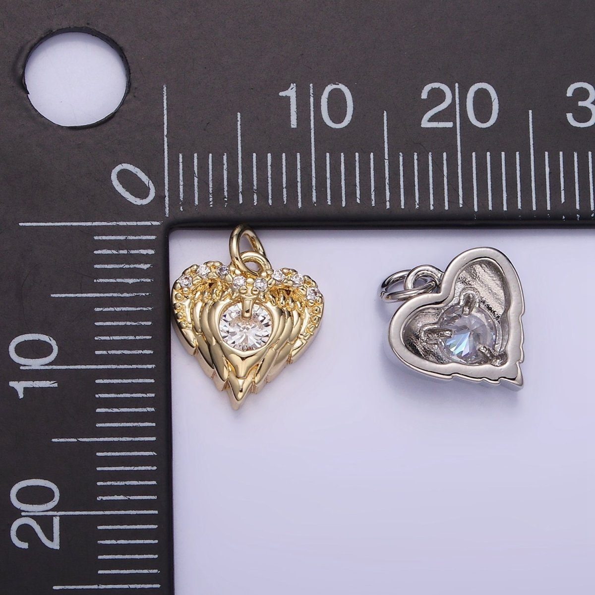 14K Gold Filled CZ Micro Paved Angel Wings Heart Charm in Gold & Silver | W536