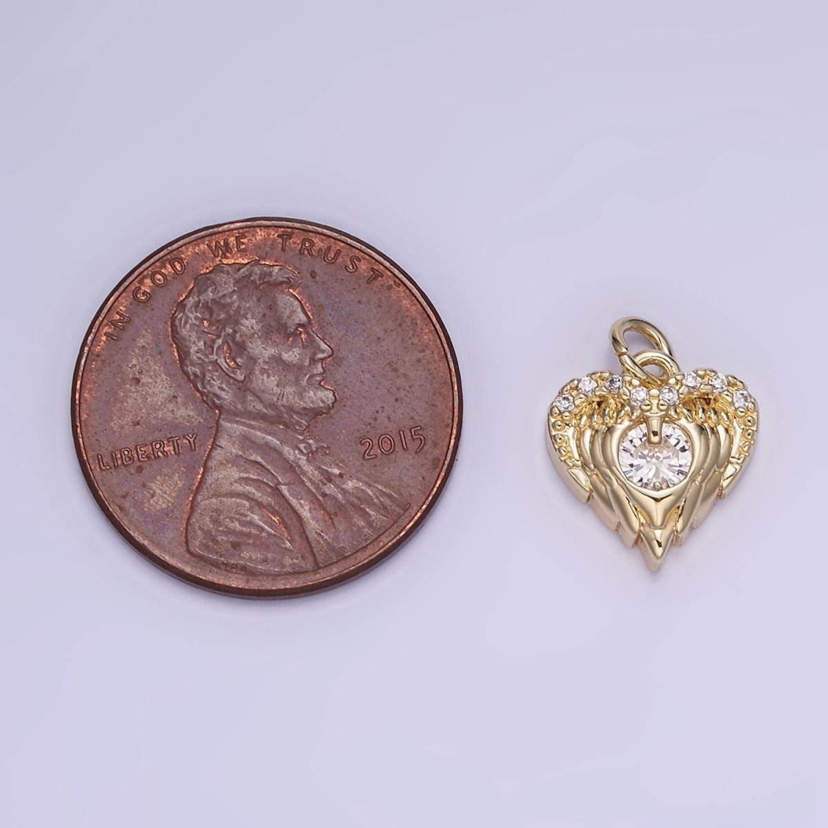 14K Gold Filled CZ Micro Paved Angel Wings Heart Charm in Gold & Silver | W536
