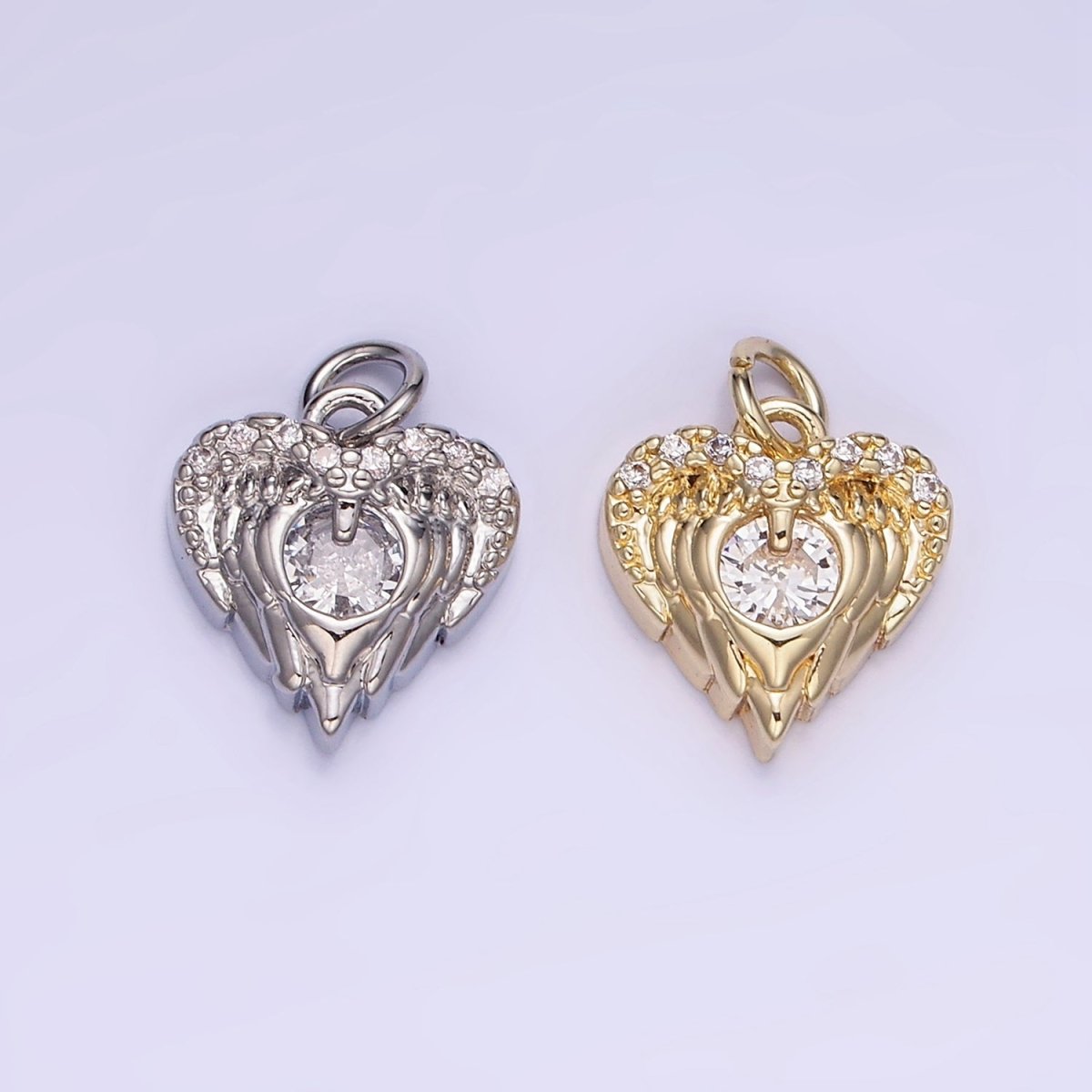 14K Gold Filled CZ Micro Paved Angel Wings Heart Charm in Gold & Silver | W536