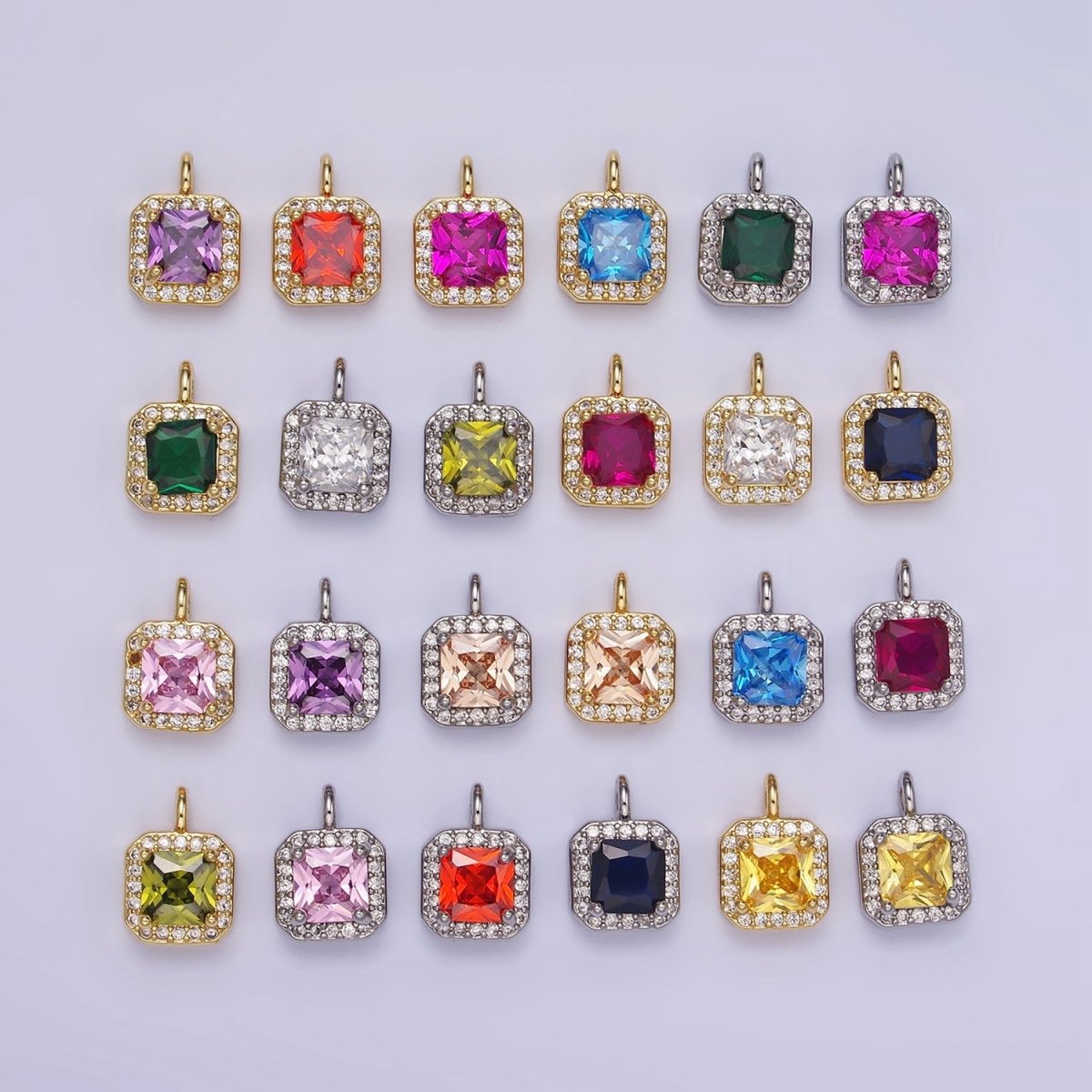 14K Gold Filled Birthstone CZ Micro Paved Square Edged Charm in Gold & Silver | W684 - W695