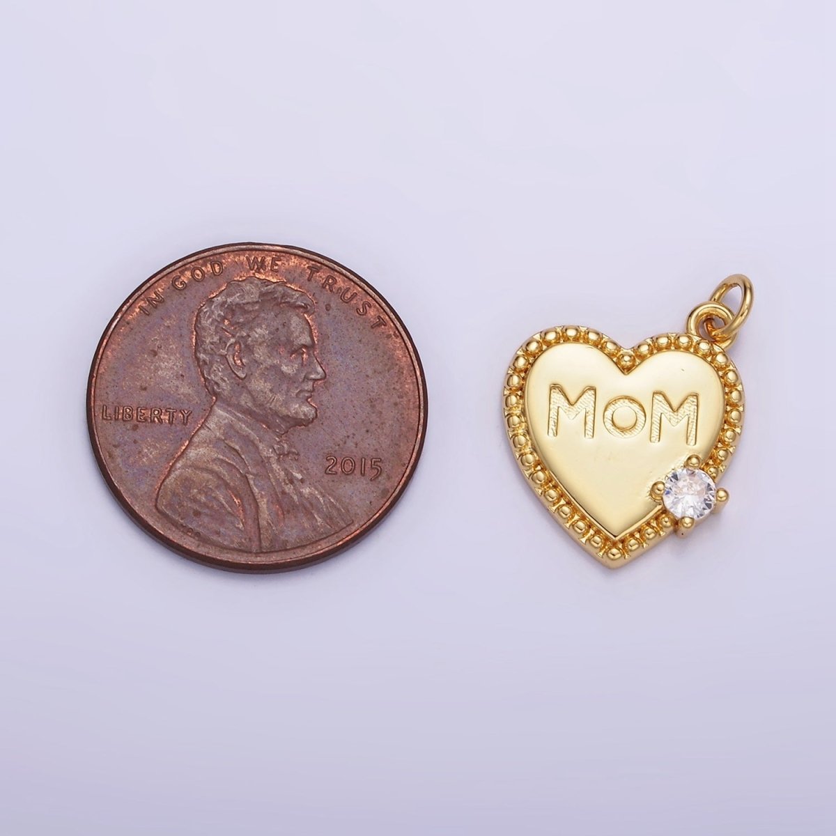14K Gold Filled CZ "MOM" Script Beaded Bezel Charm | W525 - DLUXCA