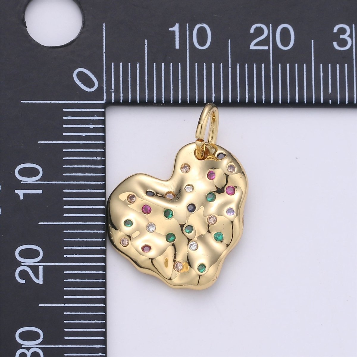 14K Gold Filled CZ Multicolor Hammered Heart Charm in Gold & Silver | C916