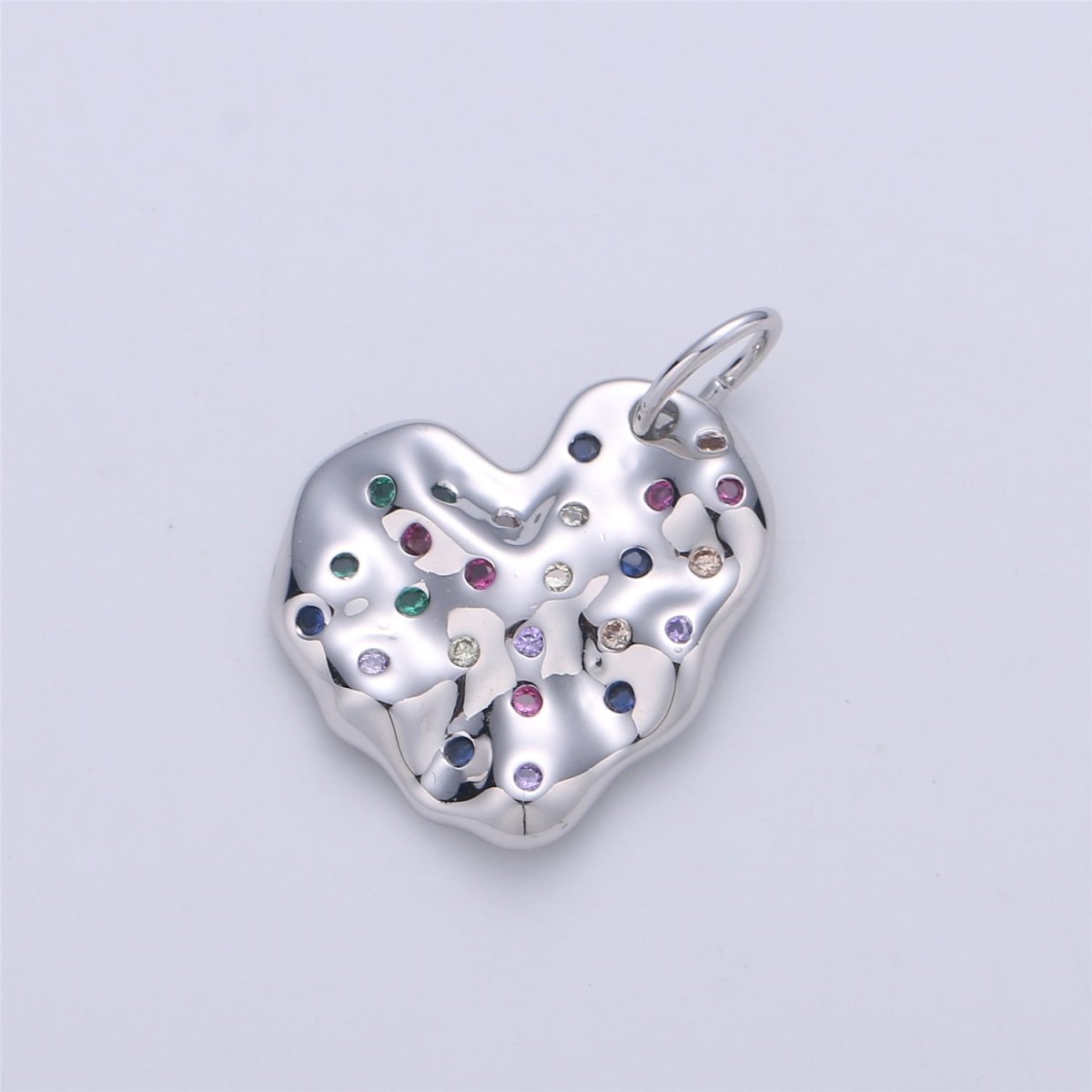 14K Gold Filled CZ Multicolor Hammered Heart Charm in Gold & Silver | C916