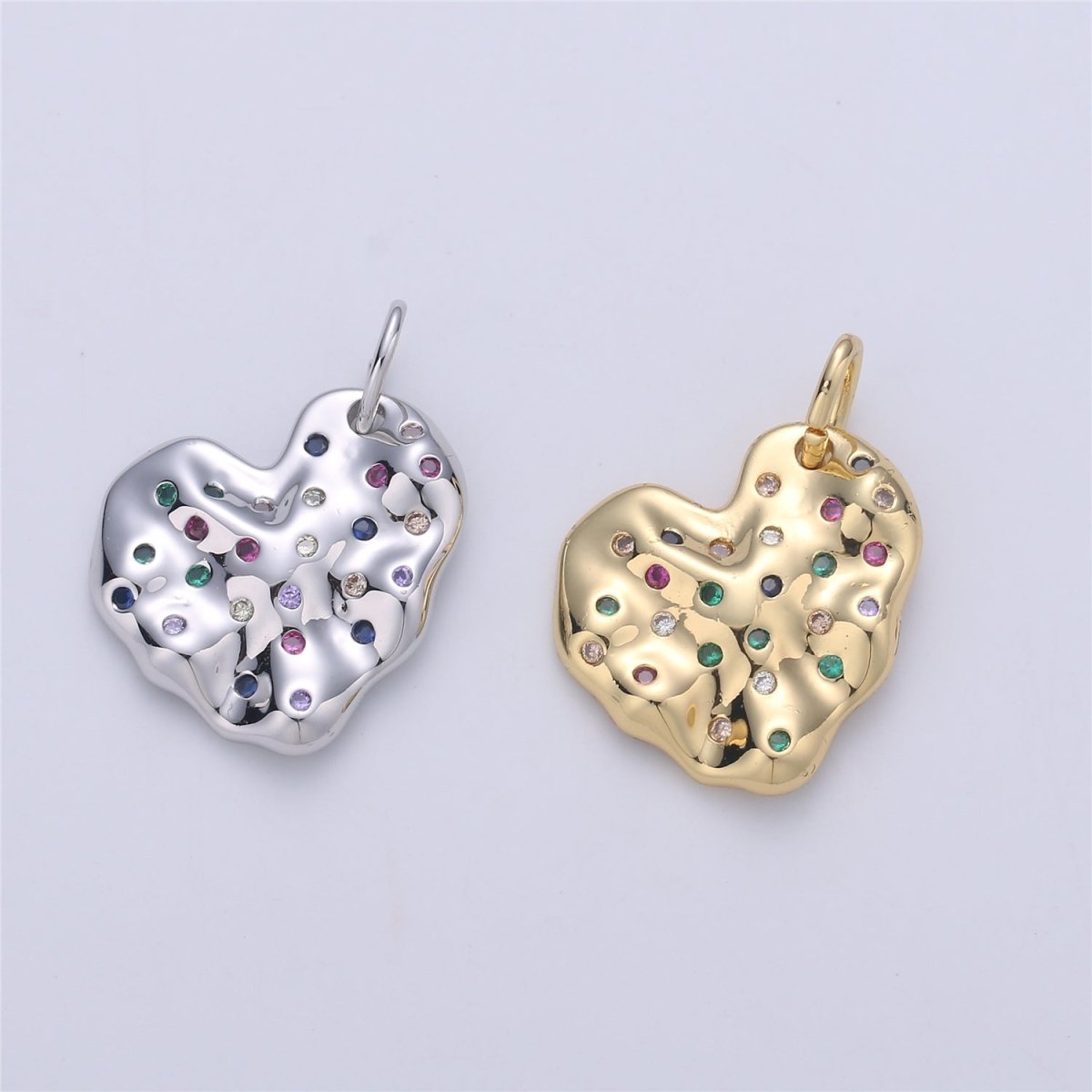 14K Gold Filled CZ Multicolor Hammered Heart Charm in Gold & Silver | C916