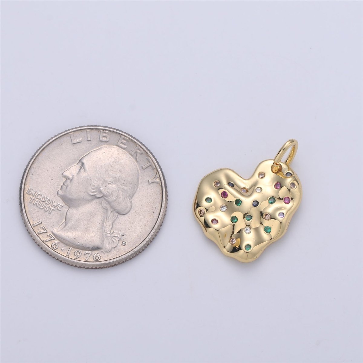 14K Gold Filled CZ Multicolor Hammered Heart Charm in Gold & Silver | C916